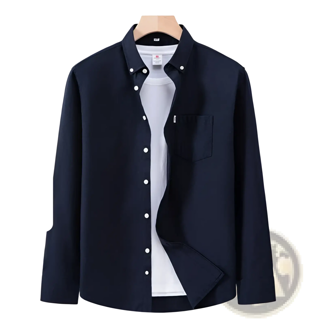 Dark navy blue men cotton oxford long sleeve casual shirt with white buttons and chest pocket