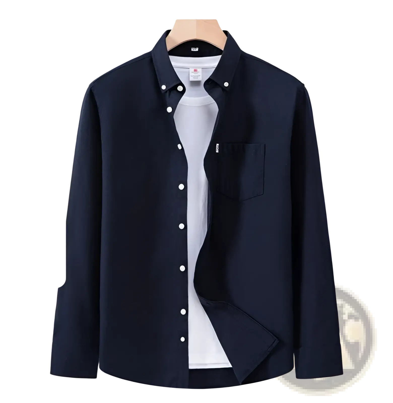 Dark navy blue men cotton oxford long sleeve casual shirt with white buttons and chest pocket