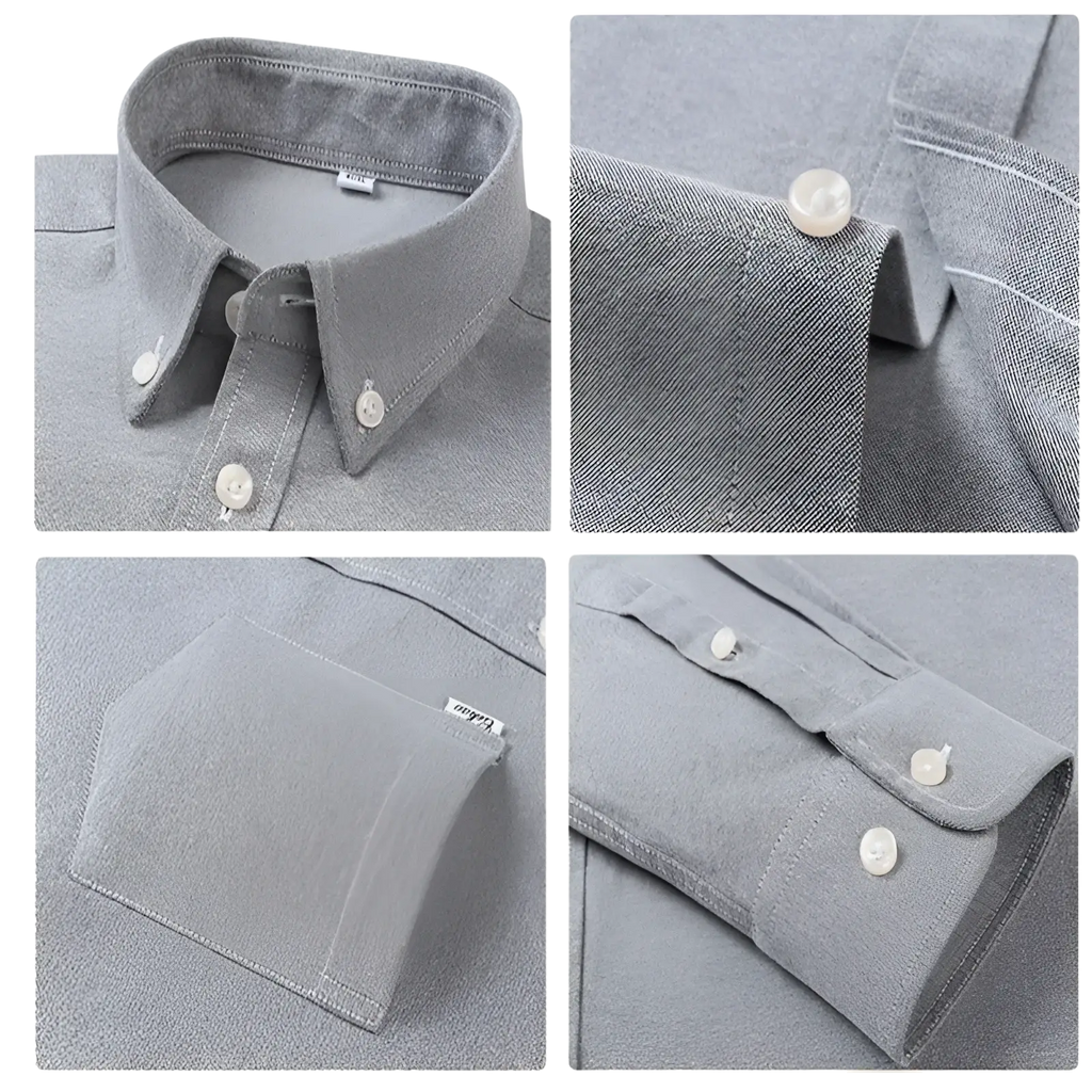 Men cotton oxford long sleeve casual shirt in gray with a subtle textured weave and crisp white buttons