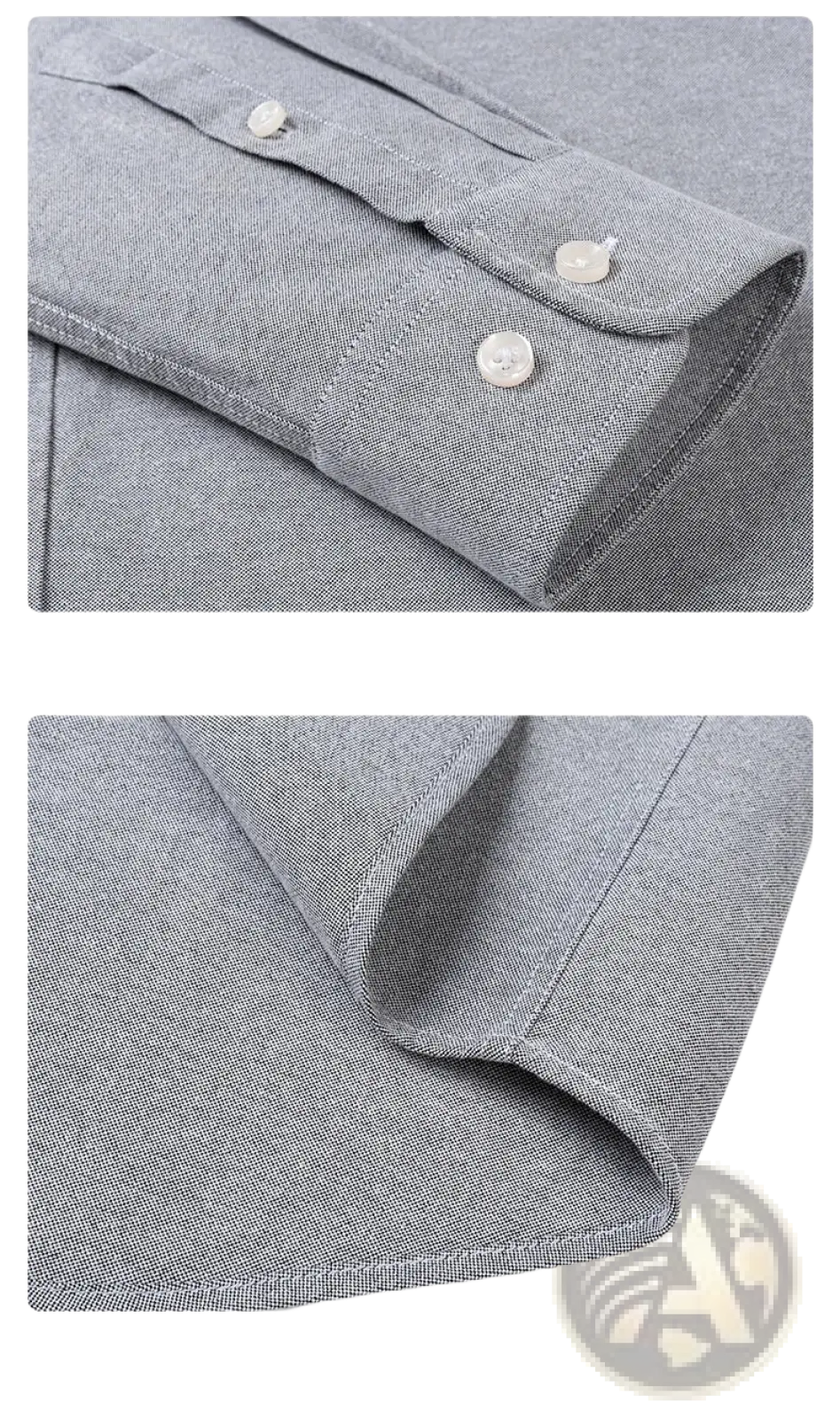 Men cotton oxford long sleeve casual shirt in gray textured cotton with white buttons and rounded cuff