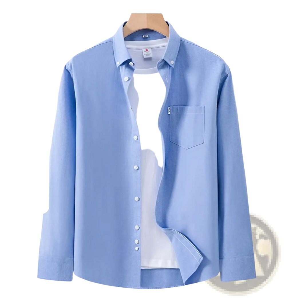 Men cotton oxford long sleeve casual shirt in light blue made of 100 percent pure cotton with button-down front and chest pocket