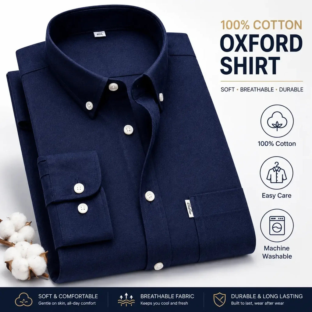 Men cotton oxford long sleeve casual shirt in navy blue 100 percent cotton with white buttons and button-down collar
