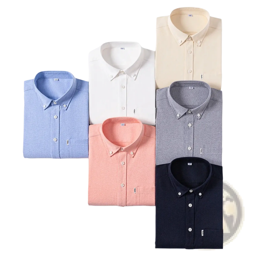 Men cotton oxford long sleeve casual shirts neatly folded in pastel blue white peach beige gray and deep navy colors