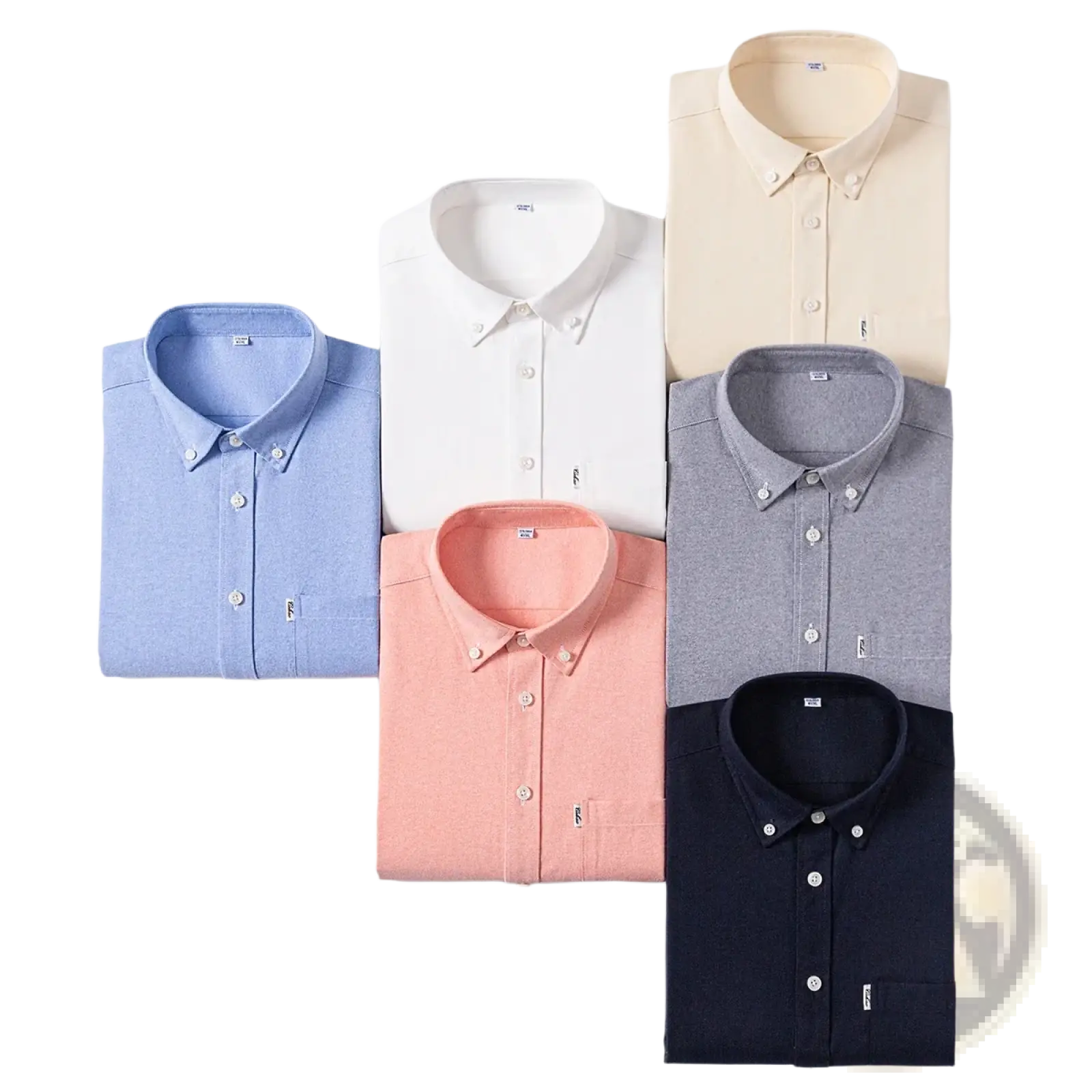 Men cotton oxford long sleeve casual shirts neatly folded in pastel blue white peach beige gray and deep navy colors