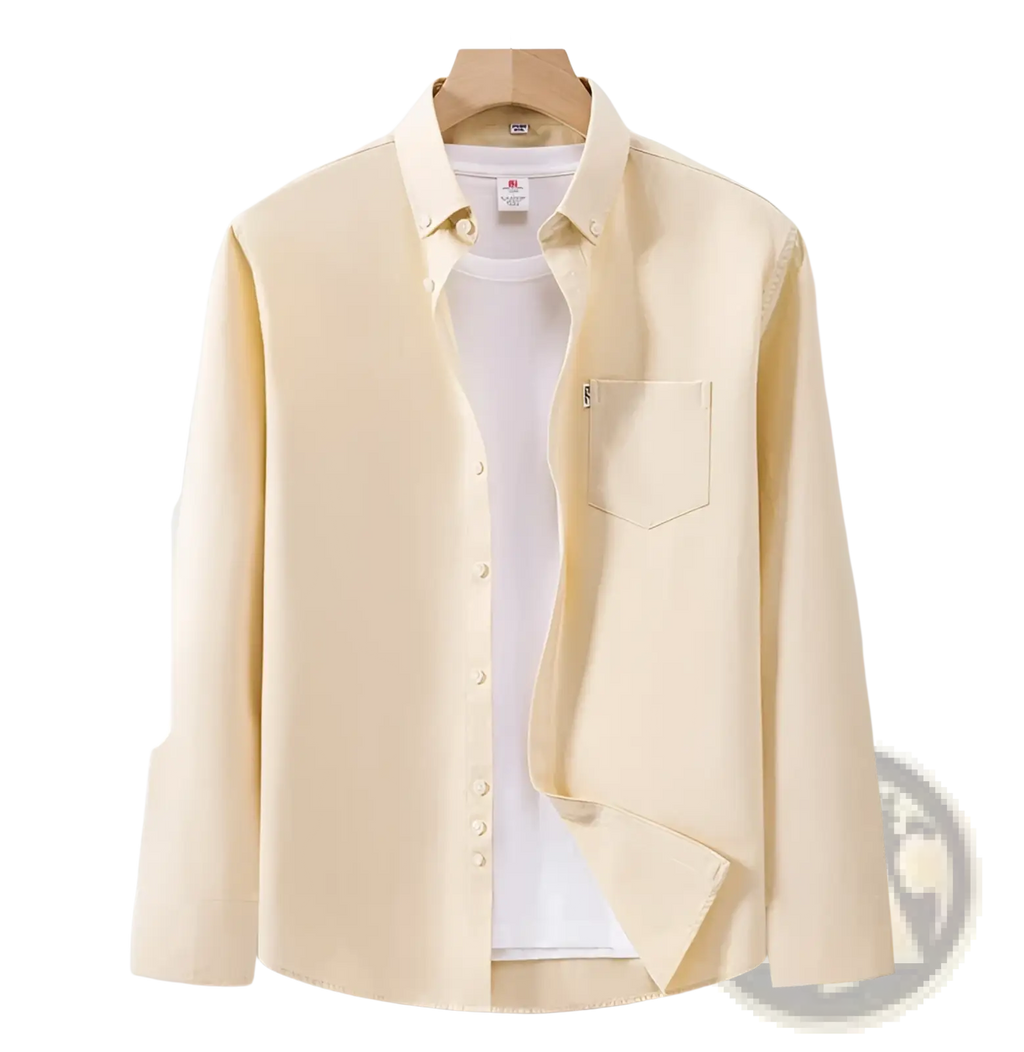 A pale yellow men cotton oxford long sleeve casual shirt made of 100% pure cotton with button-down collar and chest pocket
