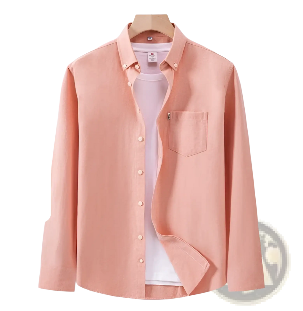 Men cotton oxford long sleeve casual shirt in soft peach made of 100 percent pure cotton with button-down collar and chest pocket