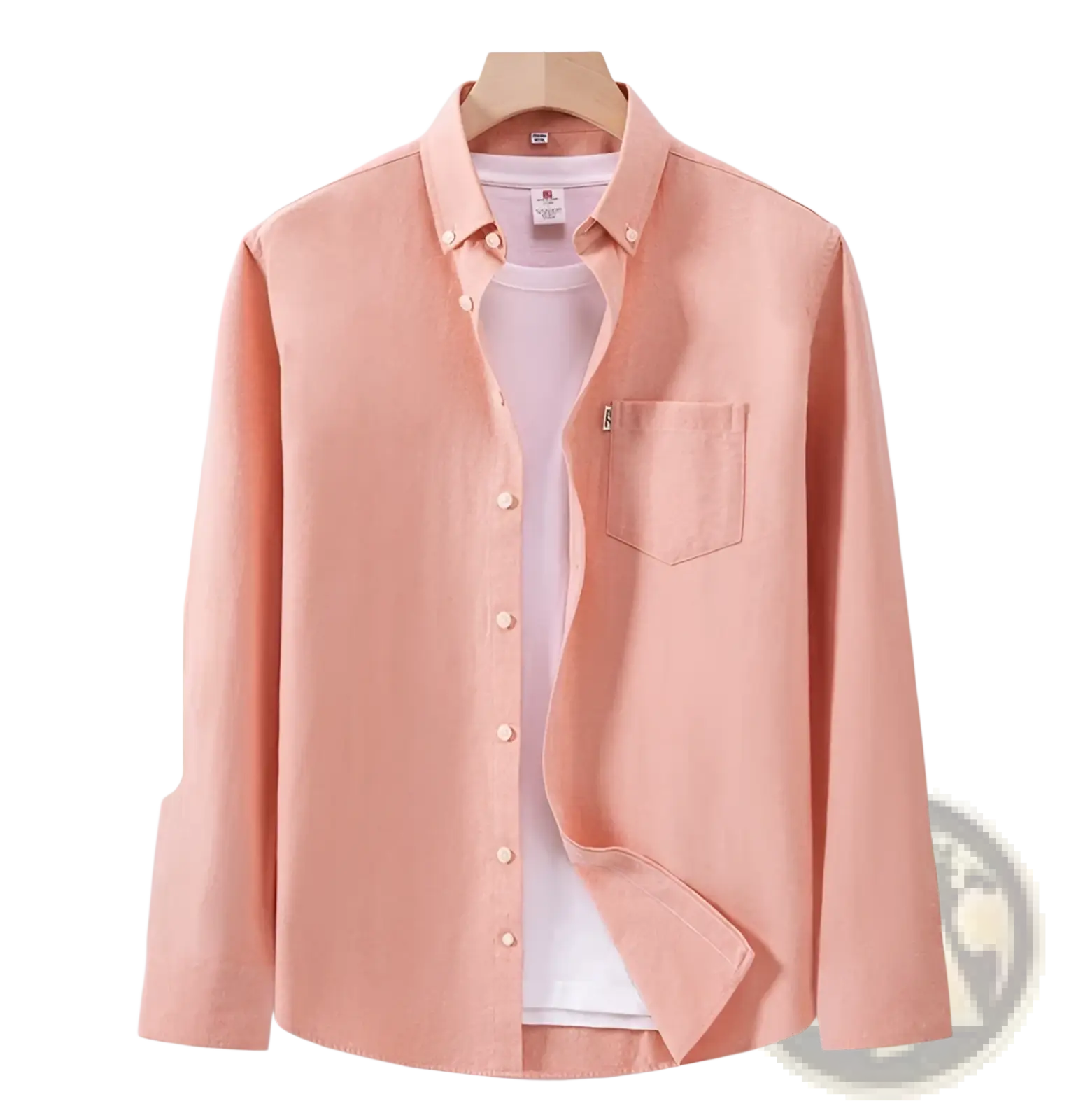 Men cotton oxford long sleeve casual shirt in soft peach made of 100 percent pure cotton with button-down collar and chest pocket