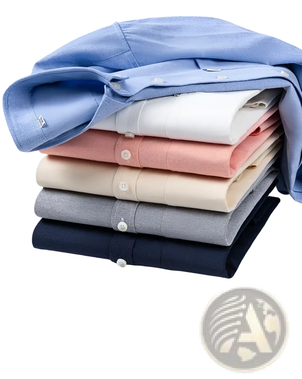 Stack of men cotton oxford long sleeve casual shirts in soft pastel and neutral tones with classic collars and subtle stitching