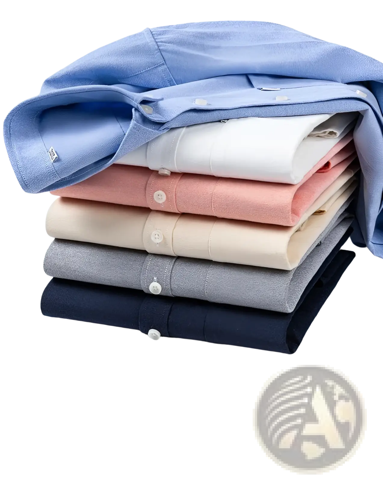Stack of men cotton oxford long sleeve casual shirts in soft pastel and neutral tones with classic collars and subtle stitching