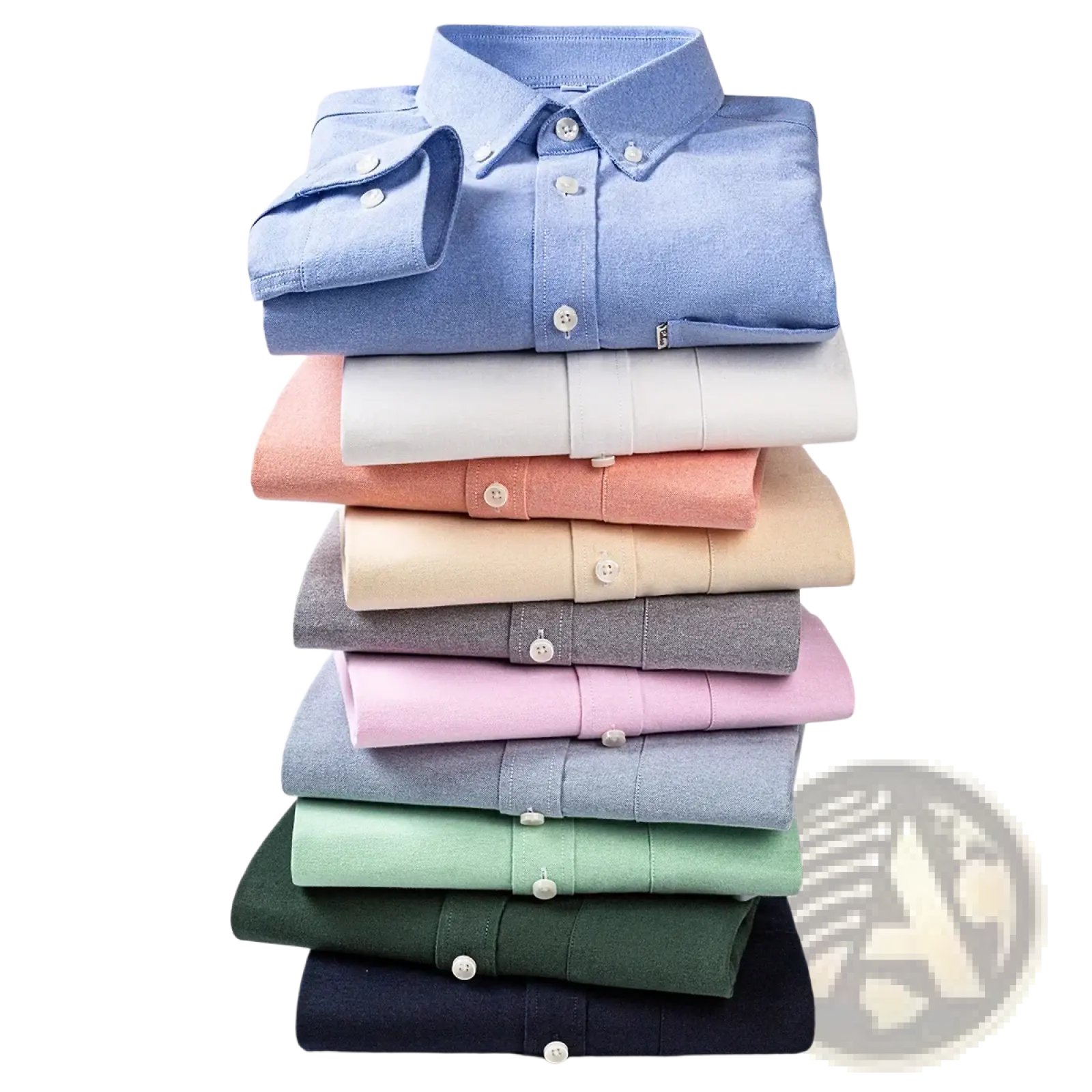Stack of neatly folded men cotton oxford long sleeve casual shirts in pastel and neutral tones with textured fabric