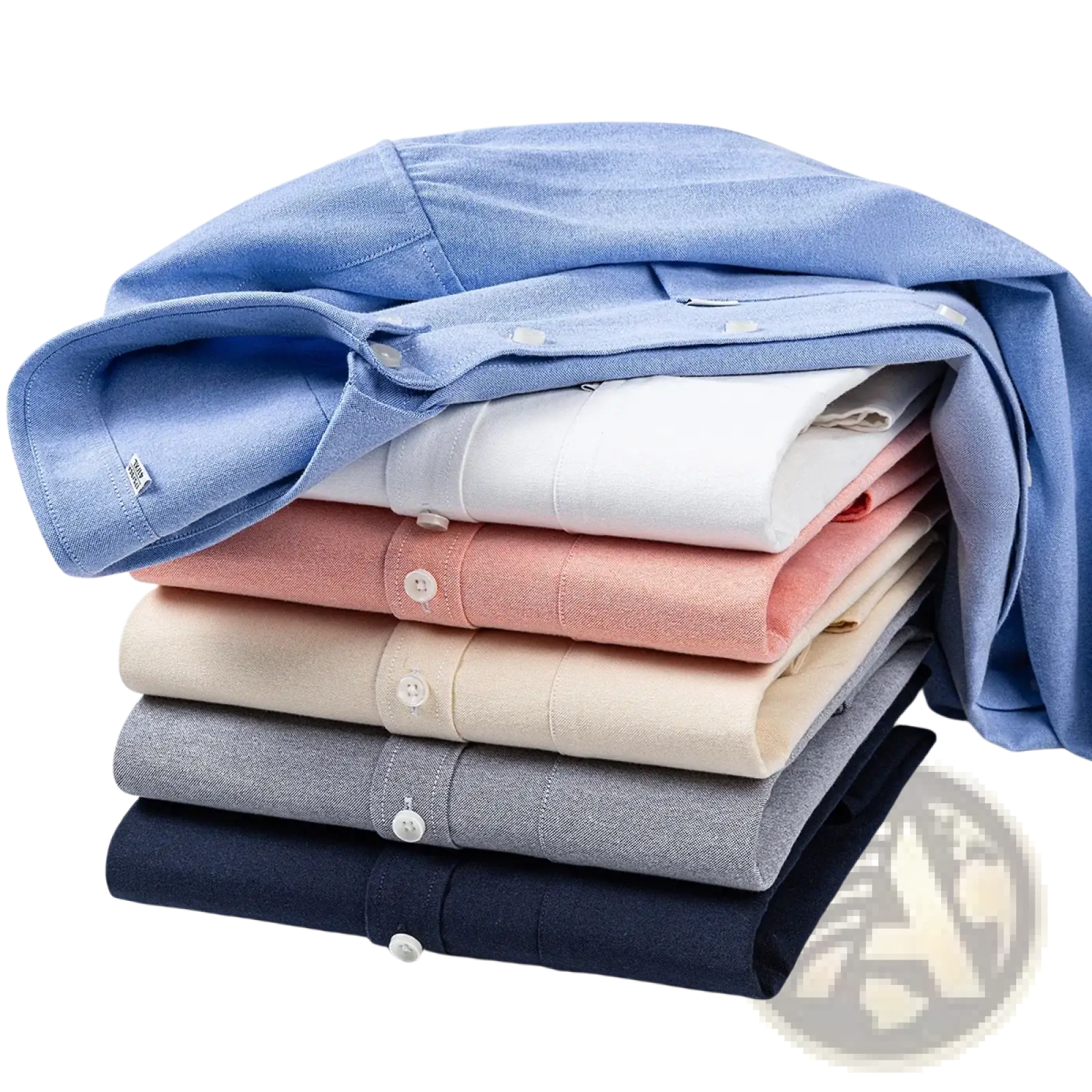 Stack of neatly folded men cotton oxford long sleeve casual shirts in soft pastel and neutral tones with crisp collars