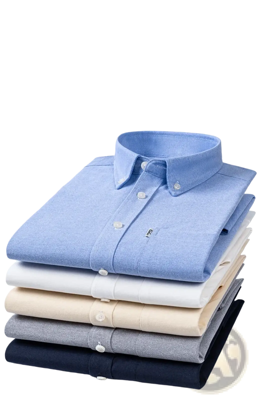 Stack of neatly folded men cotton oxford long sleeve casual shirts in pastel blue cream gray and navy colors