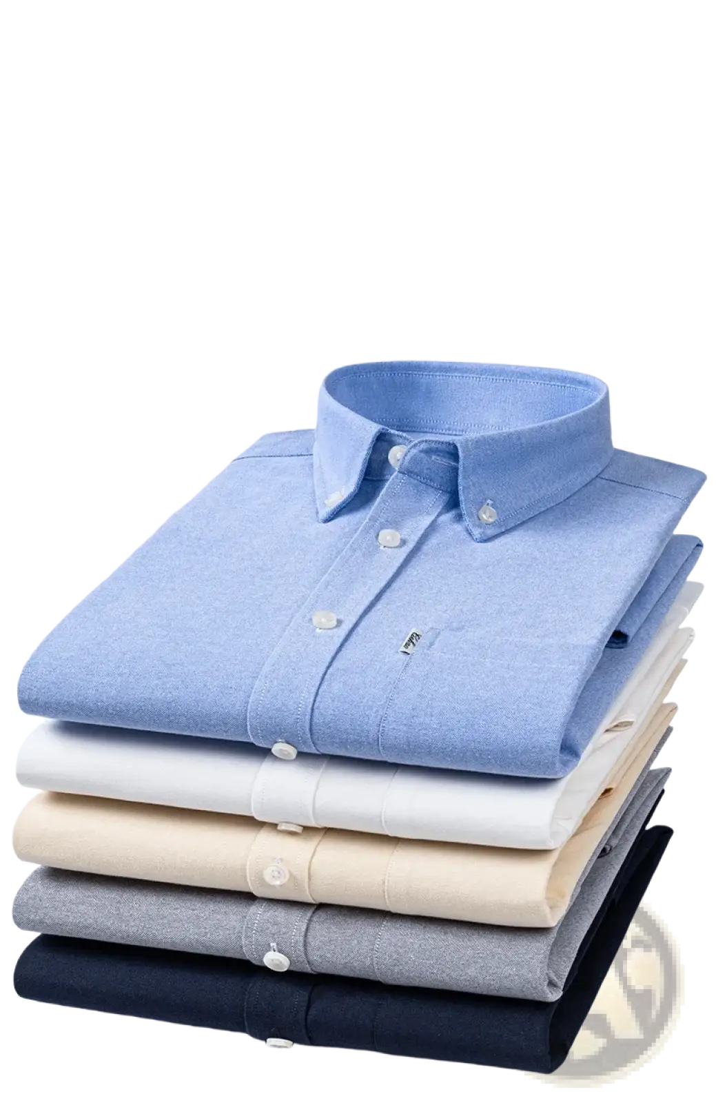 Stack of neatly folded men cotton oxford long sleeve casual shirts in pastel blue cream gray and navy colors