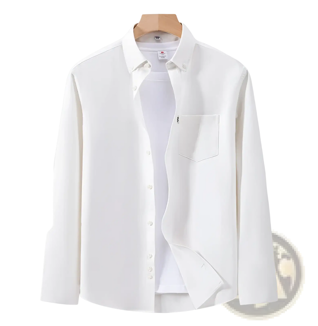 Men cotton oxford long sleeve casual shirt in white made of 100% pure cotton with button-down front and chest pocket