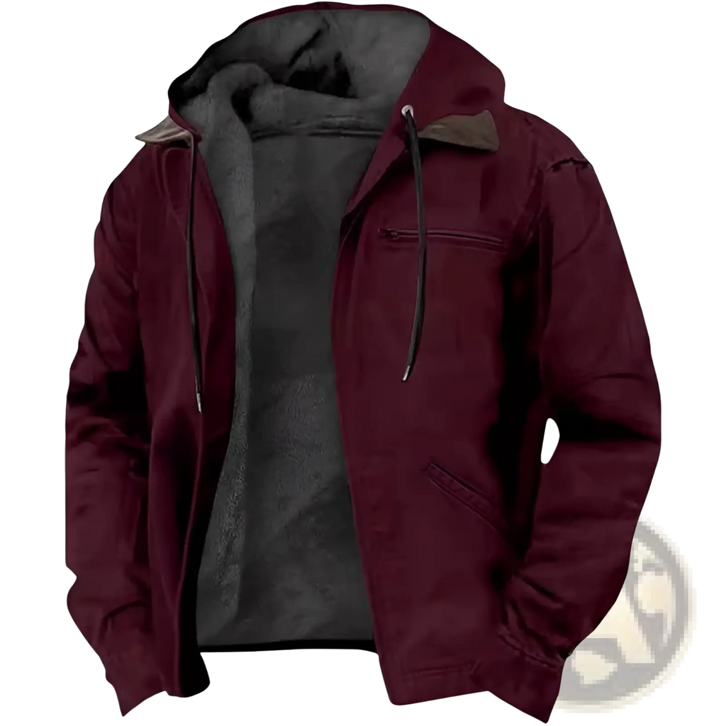 Men cotton padded hooded jacket in maroon with plush gray fleece interior and black drawstrings for warmth and comfort