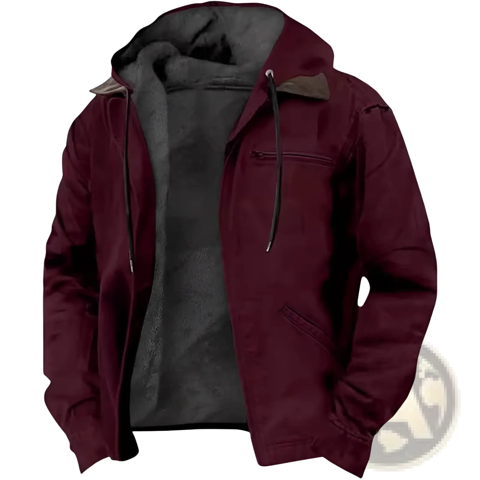 Men cotton padded hooded jacket in maroon with plush gray fleece interior and black drawstrings for warmth and comfort