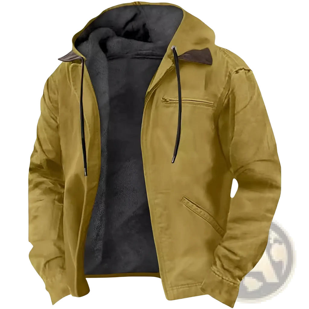Men cotton padded hooded jacket in mustard yellow with dark gray fleece interior and black drawstrings