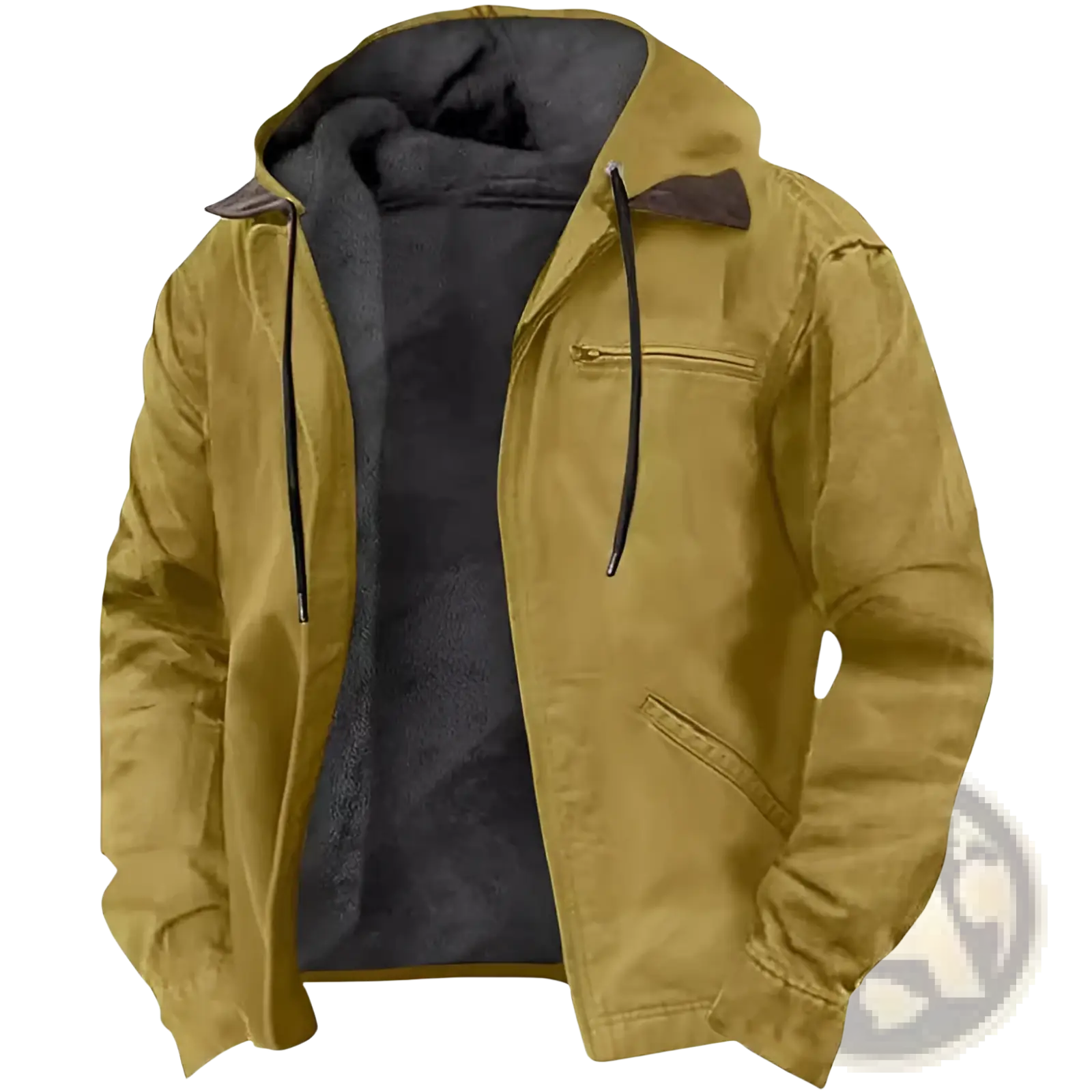 Men cotton padded hooded jacket in mustard yellow with dark gray fleece interior and black drawstrings