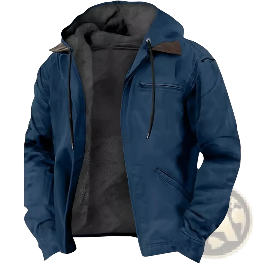 Men cotton padded hooded jacket in navy blue with plush gray fleece interior and brown leather-like collar trim