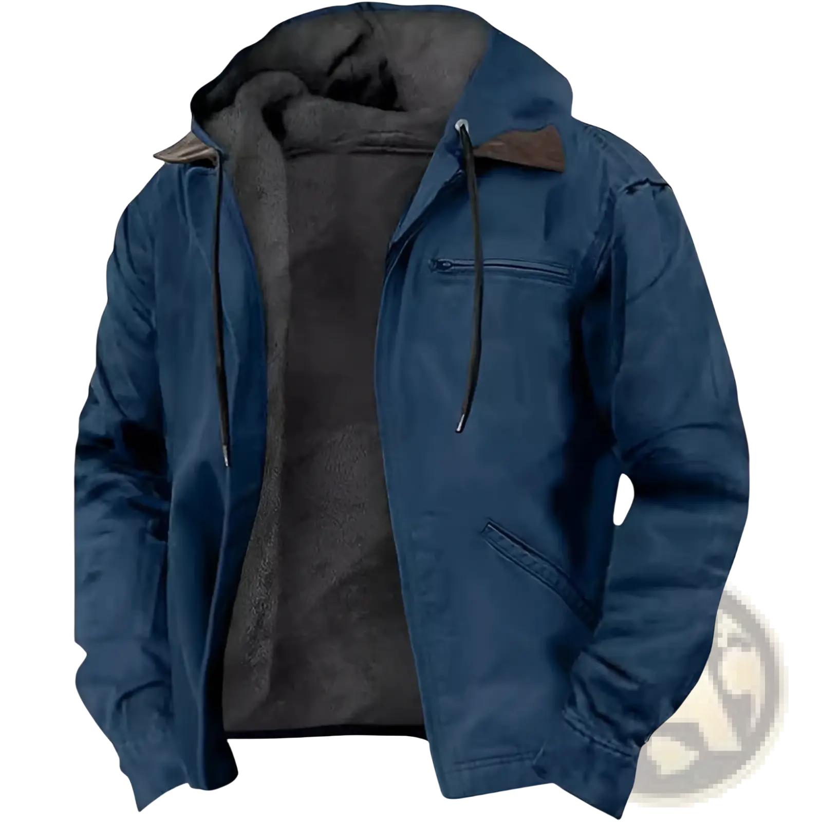 Men cotton padded hooded jacket in navy blue with plush gray fleece interior and brown leather-like collar trim