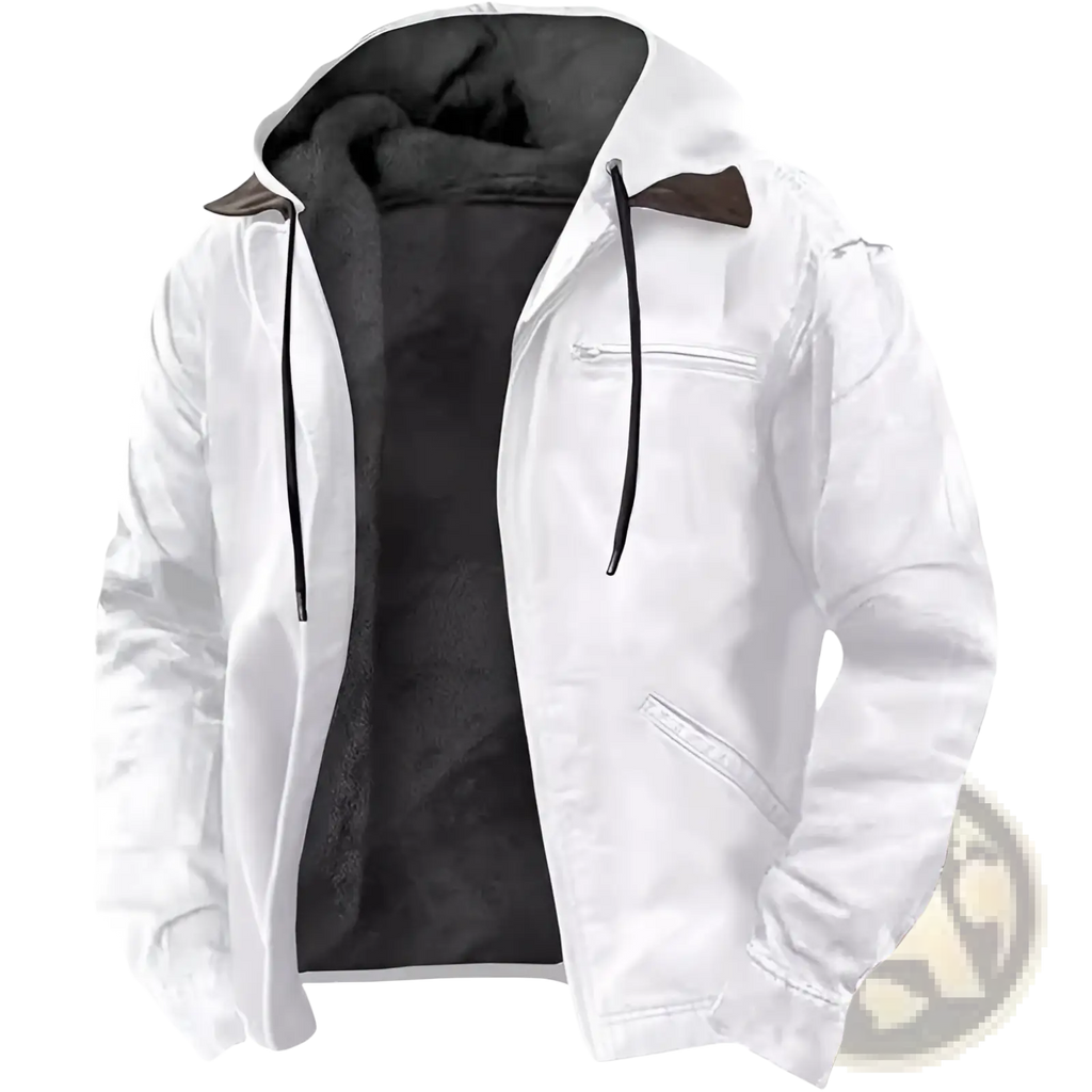 Men cotton padded hooded jacket in white with black fleece lining and brown-trimmed collar for cold weather