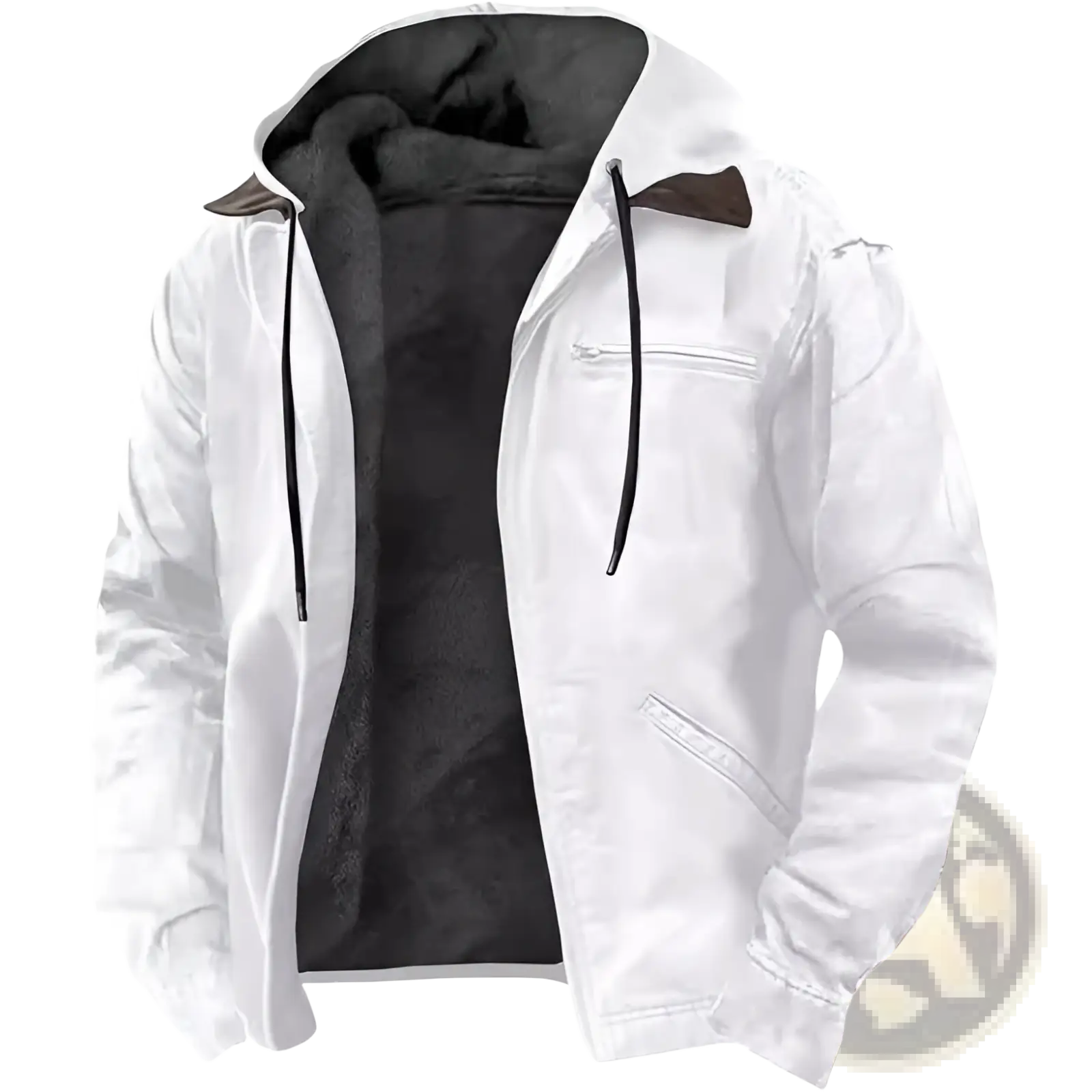 Men cotton padded hooded jacket in white with black fleece lining and brown-trimmed collar for cold weather