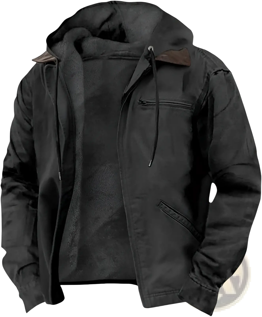 Men cotton padded hooded jacket in black with plush textured interior lining and brown fabric collar accents