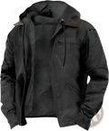Men cotton padded hooded jacket in black with plush textured interior lining and brown fabric collar accents