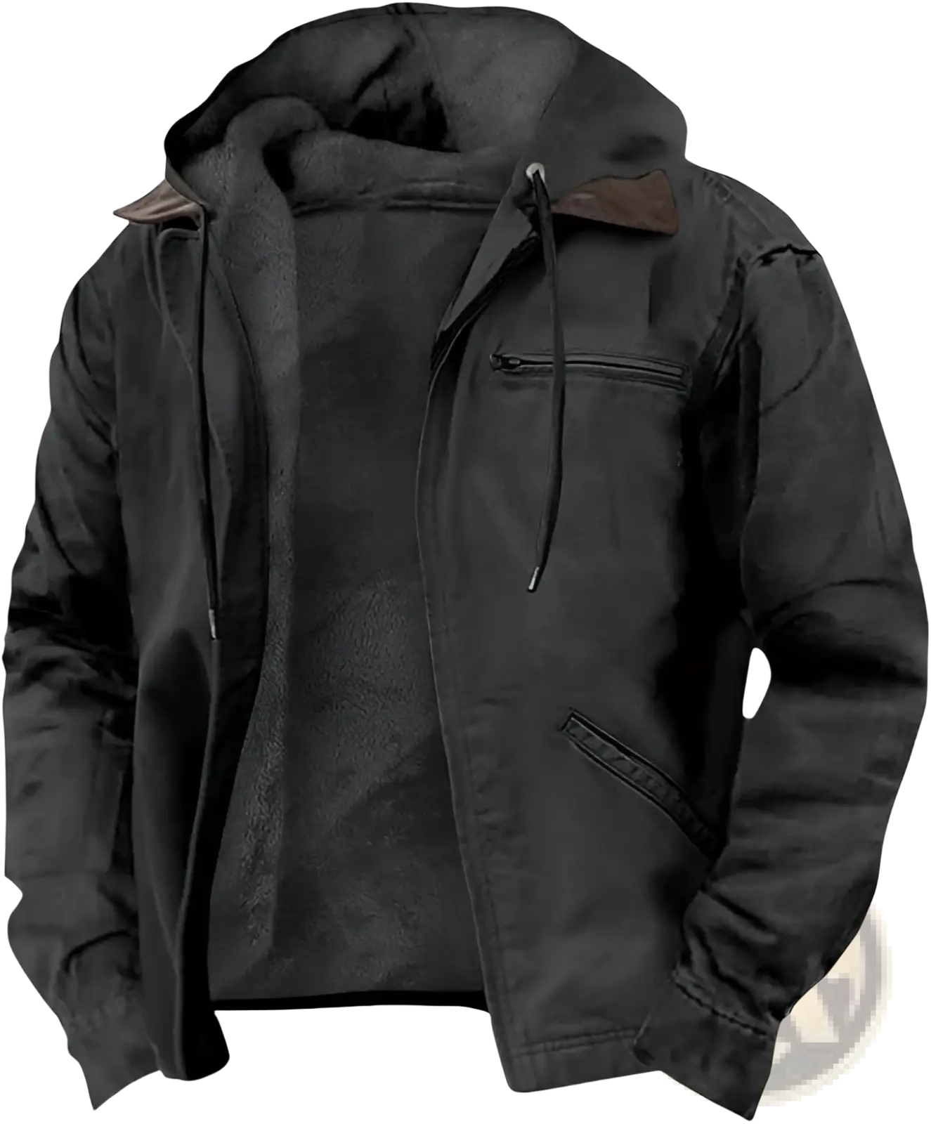Men cotton padded hooded jacket in black with plush textured interior lining and brown fabric collar accents