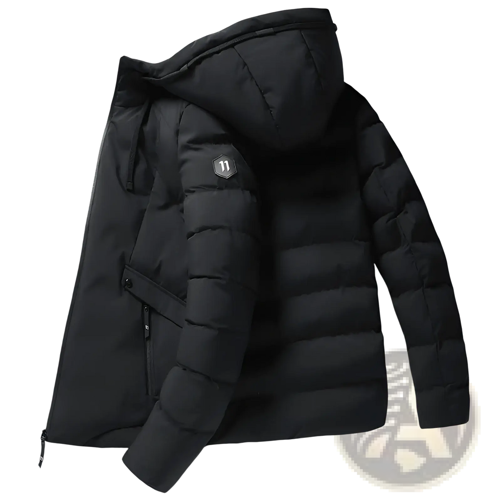 Men cotton black puffer jacket hooded winter coat with quilted design and hexagonal logo patch on left sleeve