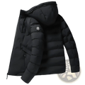 Men cotton black puffer jacket hooded winter coat with quilted design and hexagonal logo patch on left sleeve
