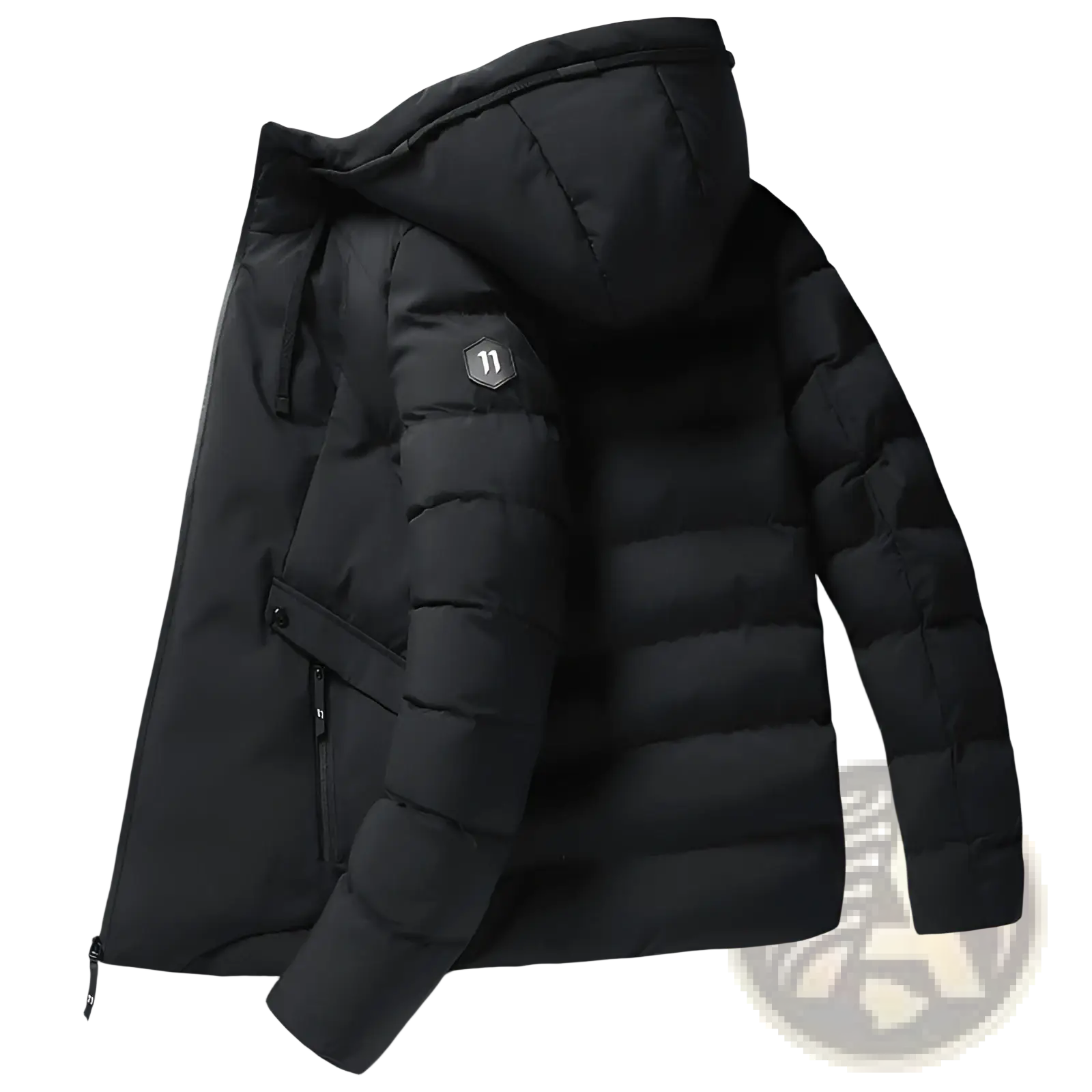 Men cotton black puffer jacket hooded winter coat with quilted design and hexagonal logo patch on left sleeve