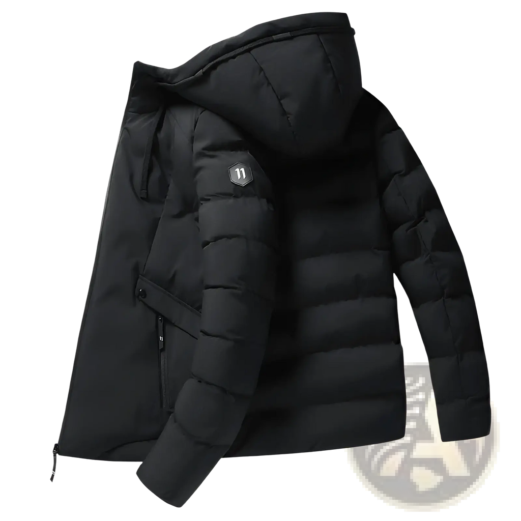 Men cotton puffer jacket black quilted hooded winter coat with subtle hexagonal logo patch on upper left sleeve