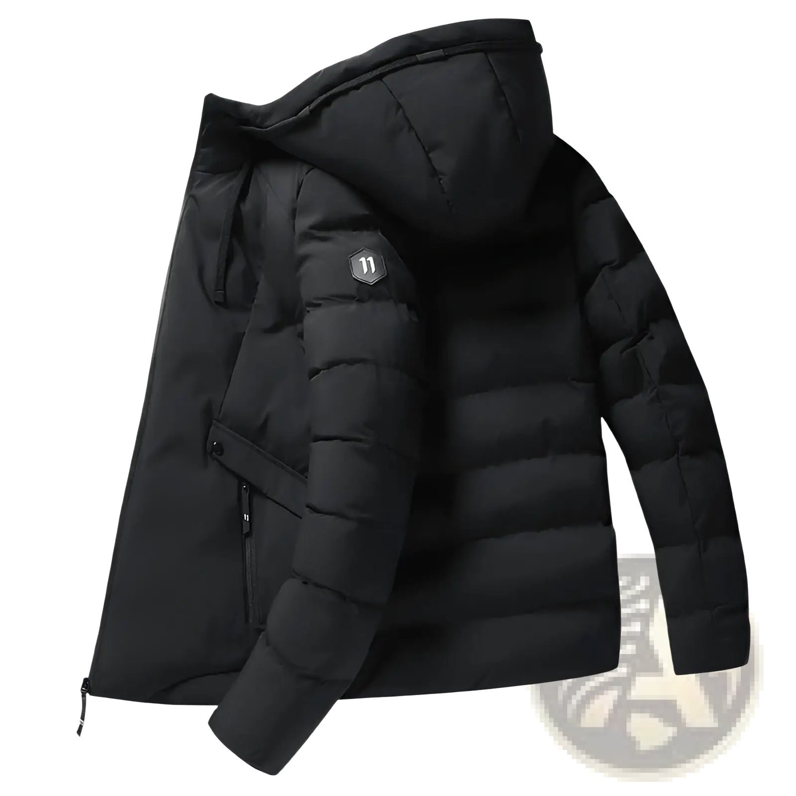 Men cotton puffer jacket black quilted hooded winter coat with subtle hexagonal logo patch on upper left sleeve
