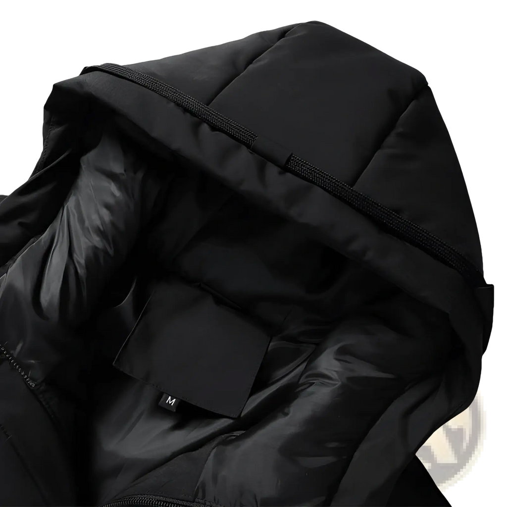Black men cotton puffer jacket hood with quilted stitching and visible size tag for winter use