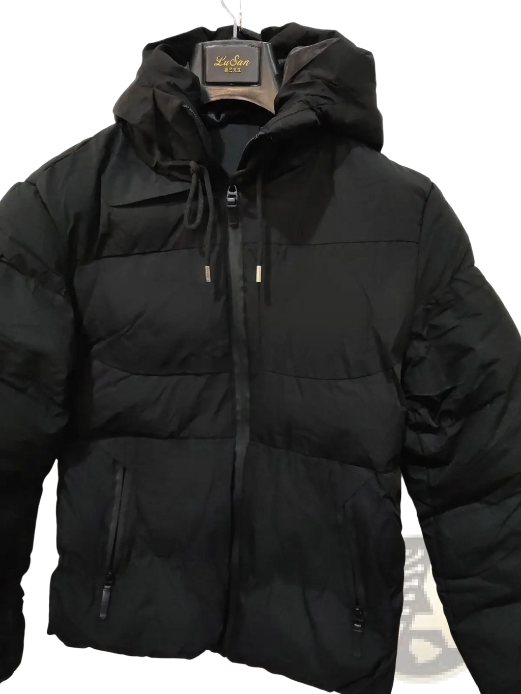 Men cotton black puffer jacket with hood front zipper closure and side pockets for winter wear