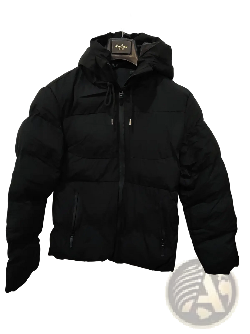 Men cotton black puffer jacket with hood front zipper closure and two side pockets for winter wear