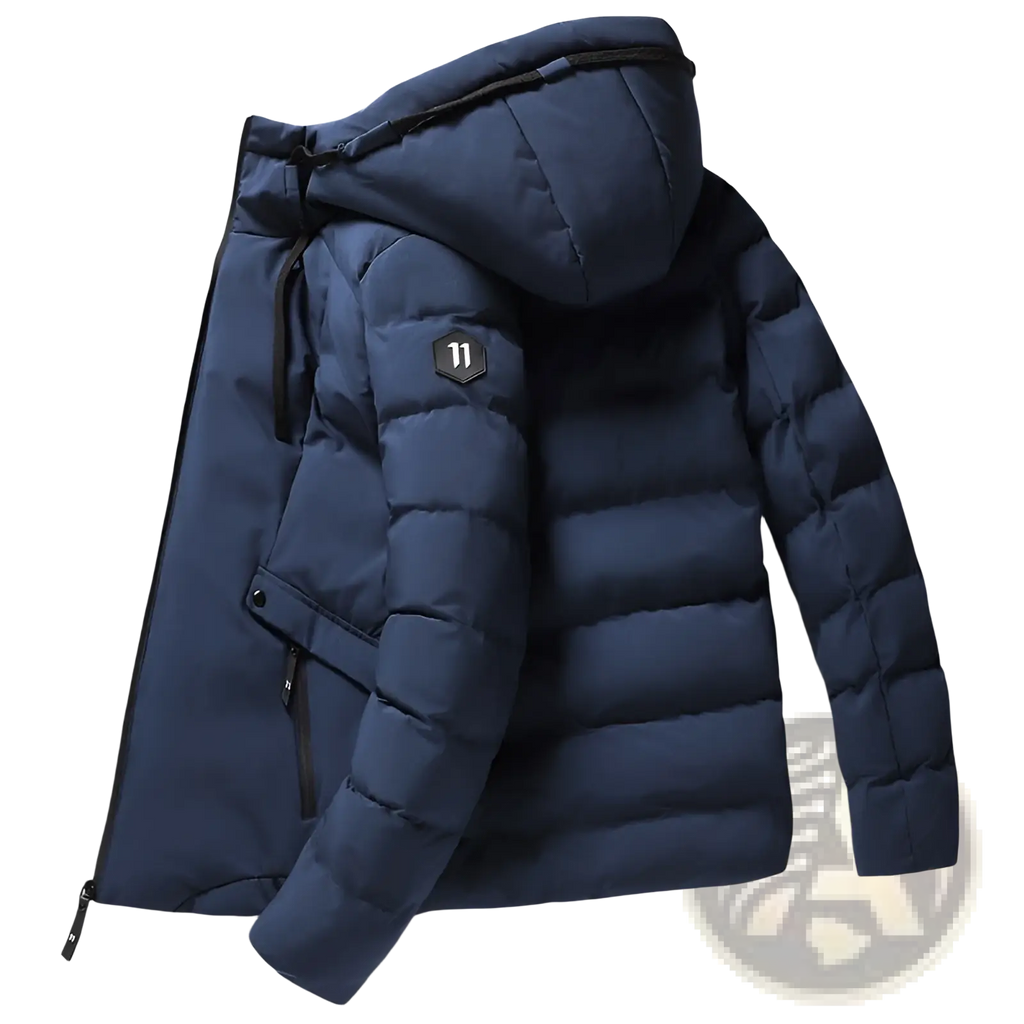Men cotton puffer jacket hooded winter coat in dark blue with quilted design and black zipper accents