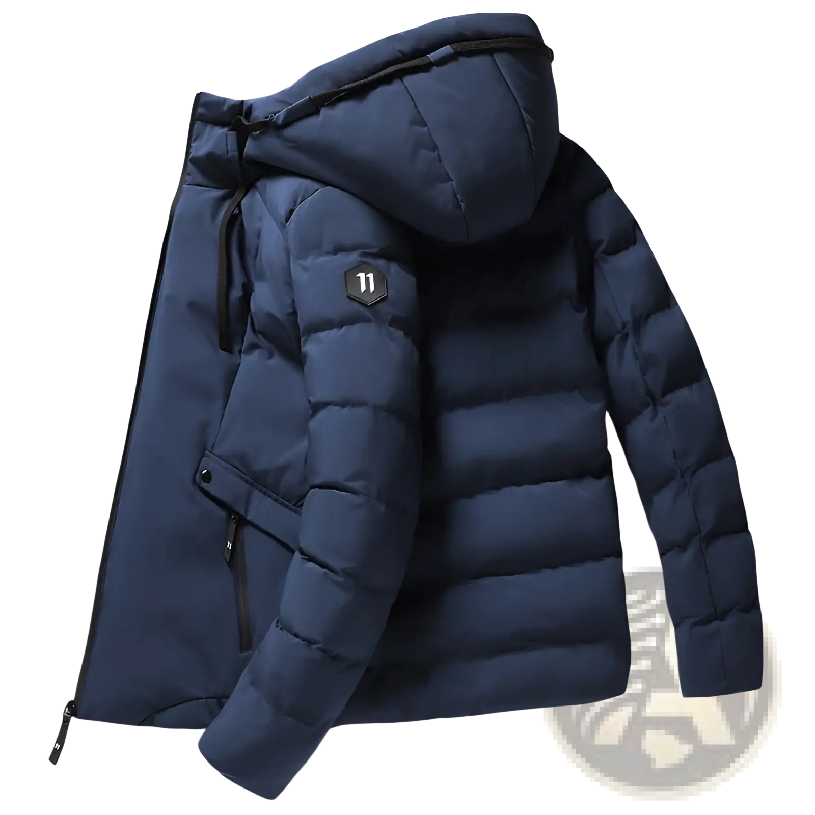 Men cotton puffer jacket hooded winter coat in dark blue with quilted design and black zipper accents