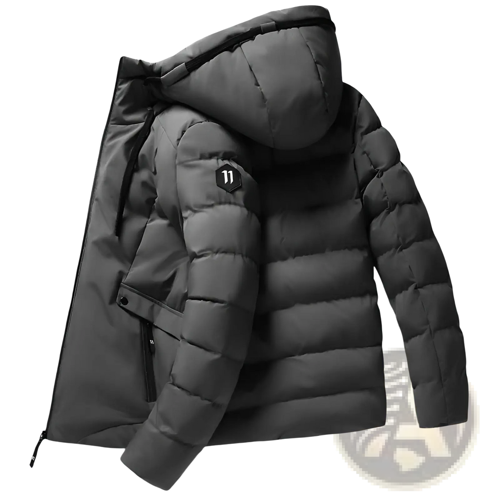 Men cotton dark gray quilted puffer jacket with hood and black zipper accents for winter outerwear