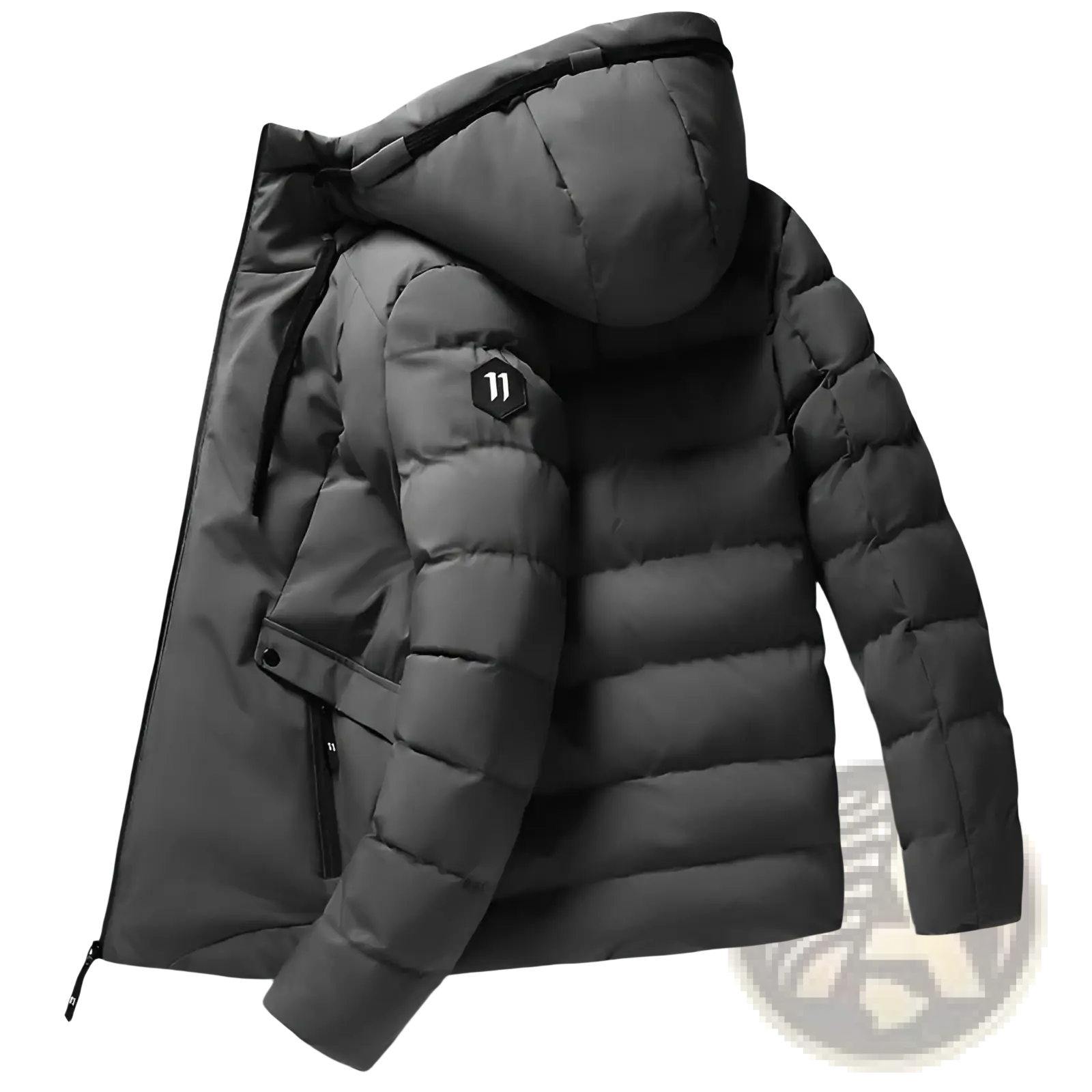 Men cotton dark gray quilted puffer jacket with hood and black zipper accents for winter outerwear