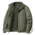 Olive green men cotton shearling bomber jacket with ribbed cuffs and collar for cold weather comfort