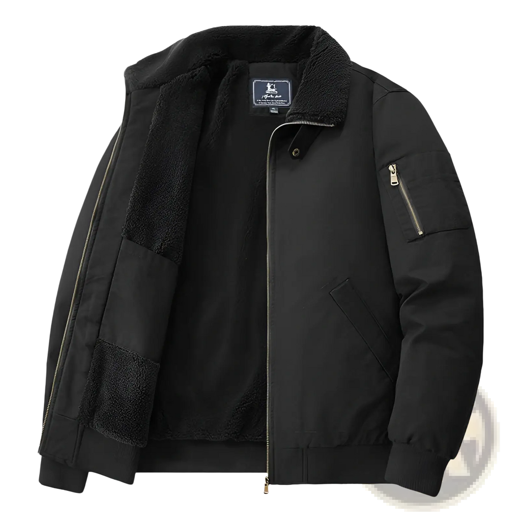 Men cotton shearling bomber jacket in black with gold-toned zippers and a branded collar patch