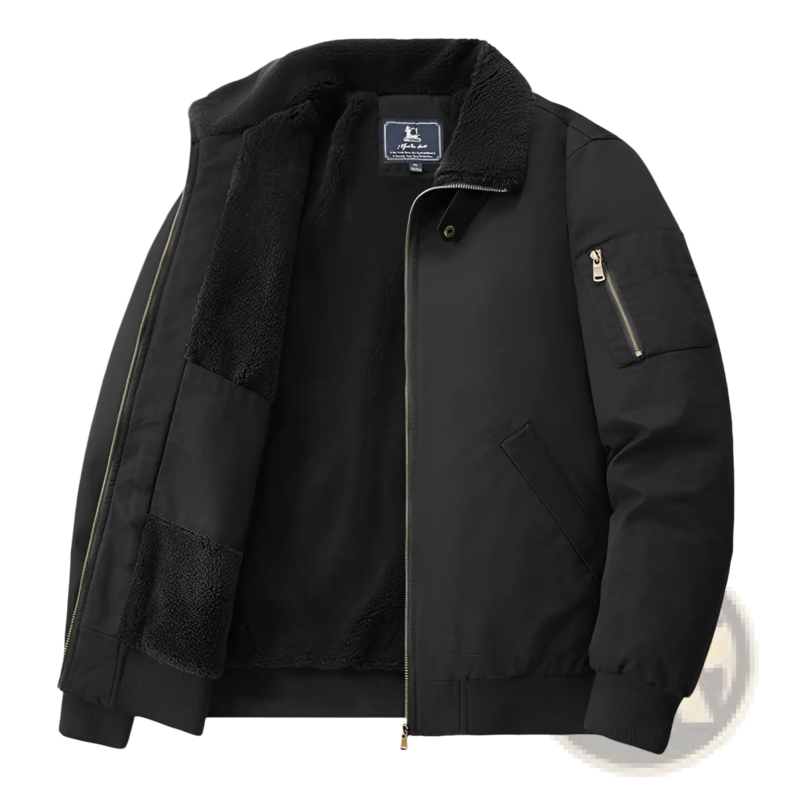 Men cotton shearling bomber jacket in black with gold-toned zippers and a branded collar patch