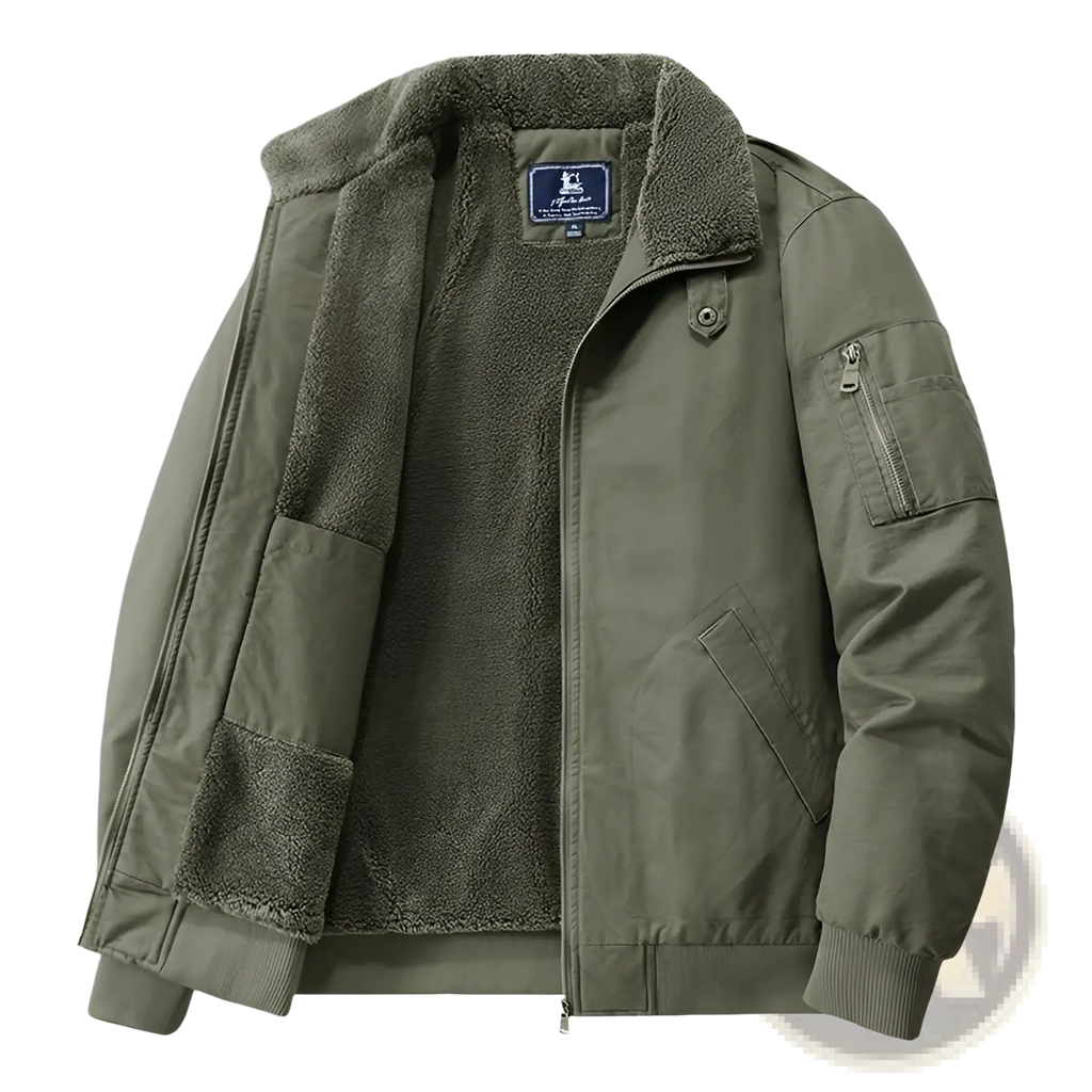 Men cotton shearling bomber jacket in olive green with shearling lining and ribbed cuffs and collar
