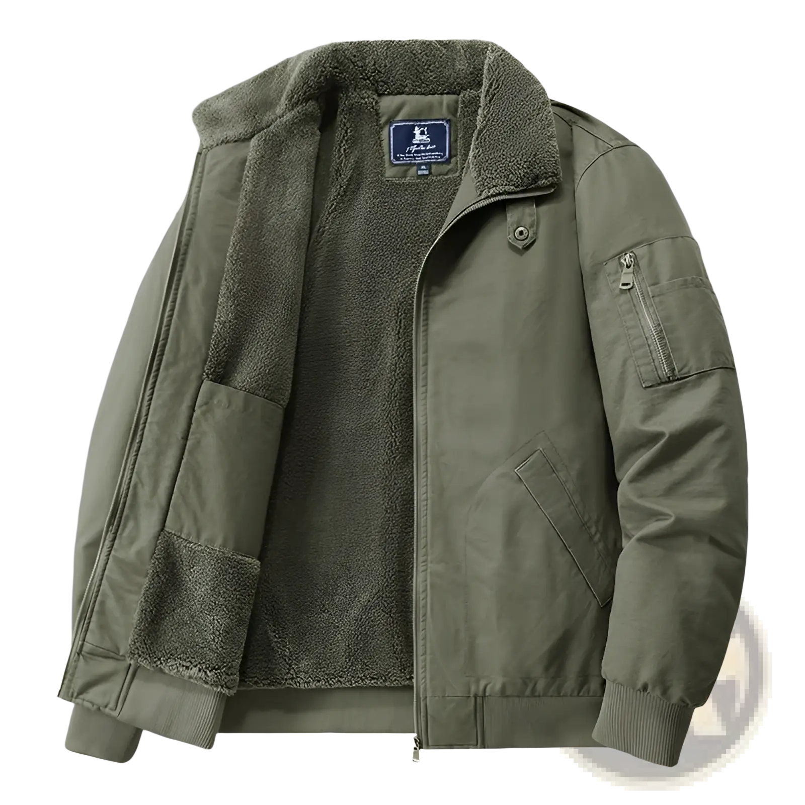 Men cotton shearling bomber jacket in olive green with shearling lining and ribbed cuffs and collar
