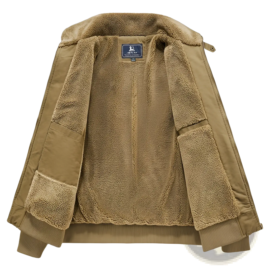 Men cotton shearling bomber jacket in tan with shearling lining corduroy trim and branded label at the collar