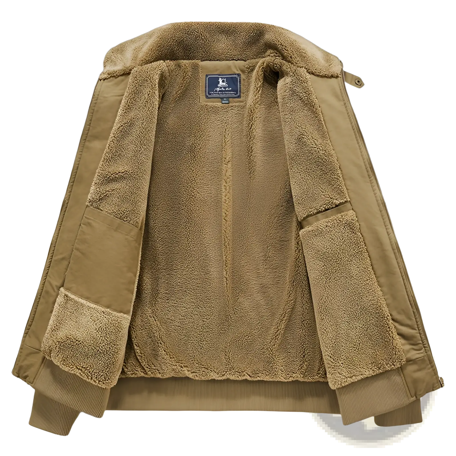 Men cotton shearling bomber jacket in tan with shearling lining corduroy trim and branded label at the collar