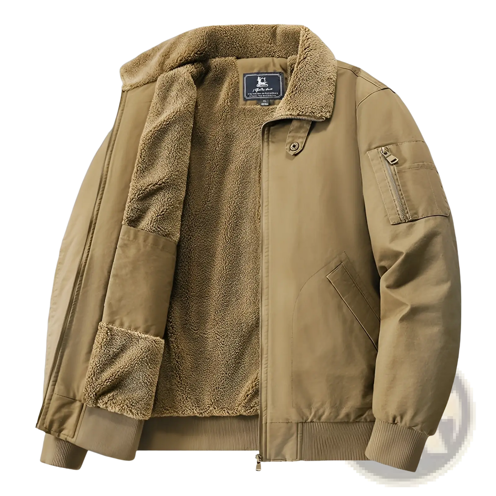 Men cotton shearling bomber jacket in tan with a sturdy exterior and ribbed cuff detailing for added comfort