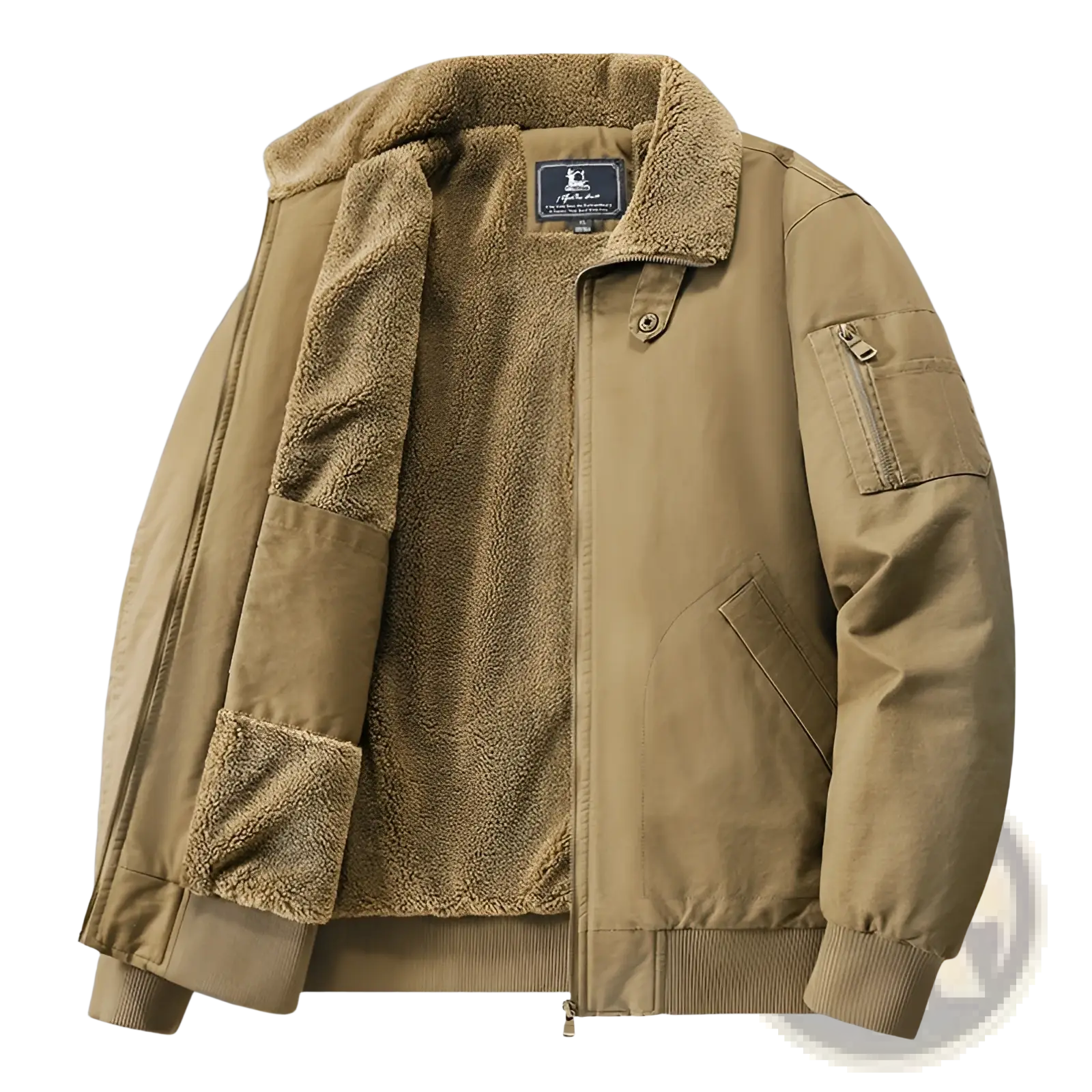 Men cotton shearling bomber jacket in tan with a sturdy exterior and ribbed cuff detailing for added comfort